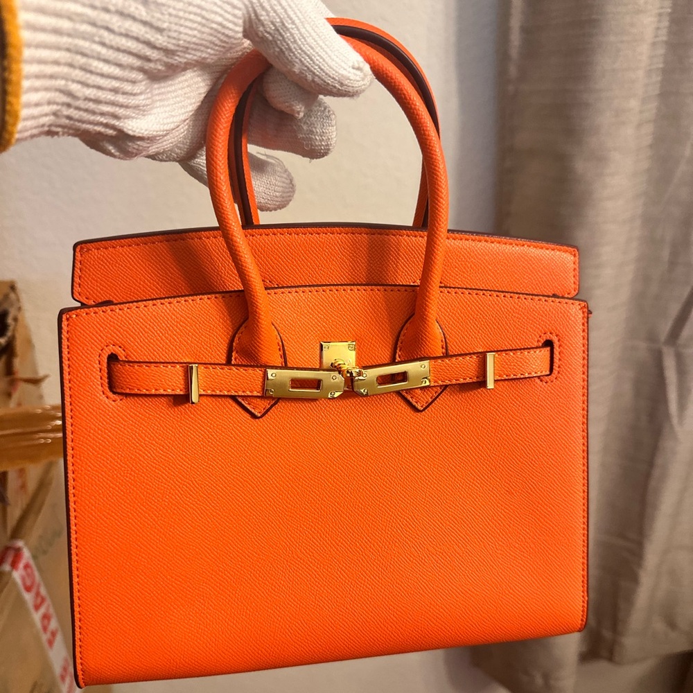 Orange Top Handle Leather Handbag with Gold Hardware - Picture 9 of 9
